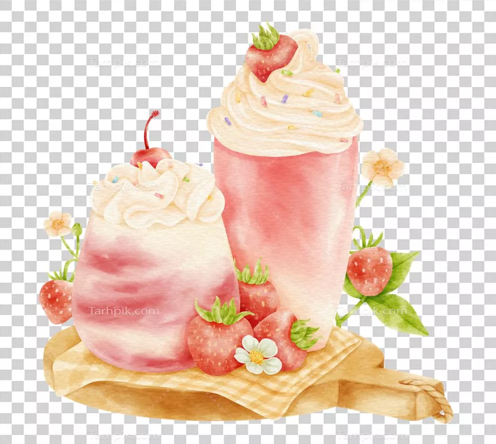 عکس دوربری ترکیب نقاشی آبرنگ اسموتی توت فرنگی خوشمزه و گوارا