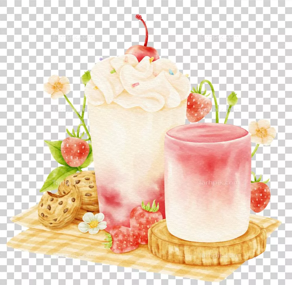 عکس دوربری مخلوط نوشیدنی اسموتی توت فرنگی به سبک آبرنگ با طراحی زیبا