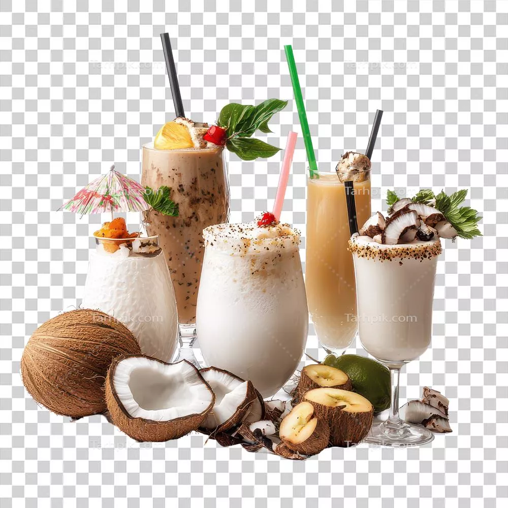 عکس دوربری مجموعهای خوشمزه از نوشیدنیهای نارگیلی همراه با مواد تازه در پسزمینه شفاف