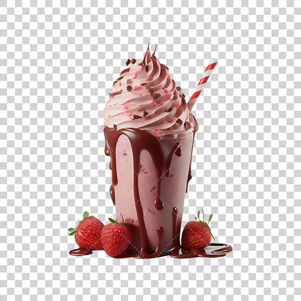 عکس دوربری رندر سه بعدی شیک توت فرنگی خامه ای با عناصر کاراملی چکه کننده