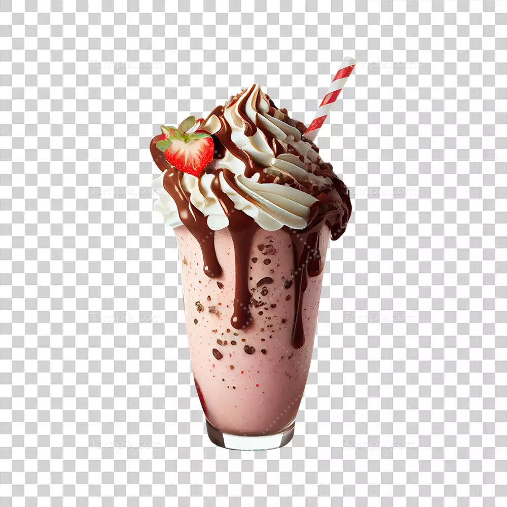 عکس دوربری رندر سهبعدی از لیوان شیک توتفرنگی با خامه زده و شربت شکلاتی