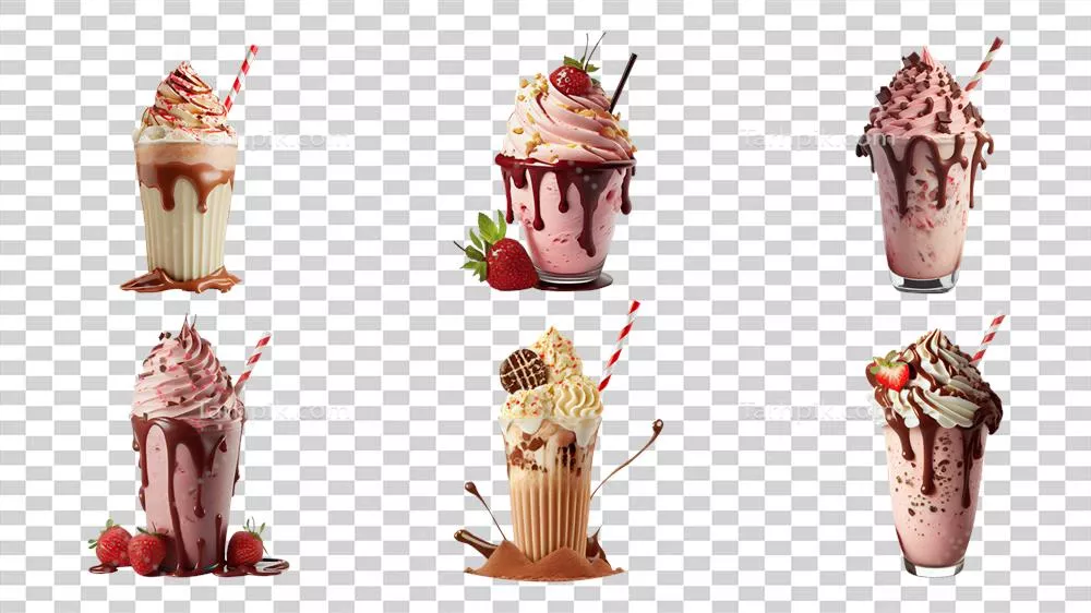 عکس دوربری شیک های خوشمزه با طعم های مختلف در لیوان های شیک - رندر سه بعدی