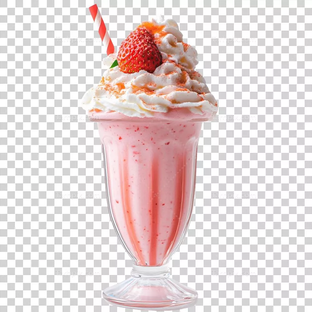 عکس دوربری شیک توت فرنگی صورتی خوشمزه در یک لیوان با نی