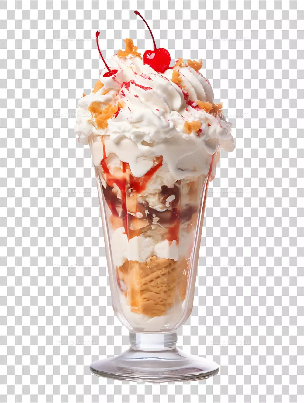 عکس دوربری ساندویچ بستنی با خامه زده شده و گیلاسهای خوشمزه