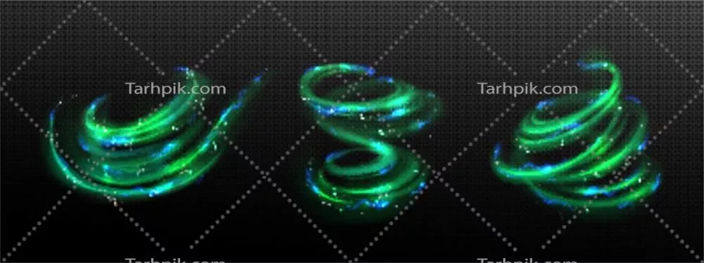 مجموعهای انتزاعی از گردابهای سبز با افکت رعد و برق و وکتورهای زیبا