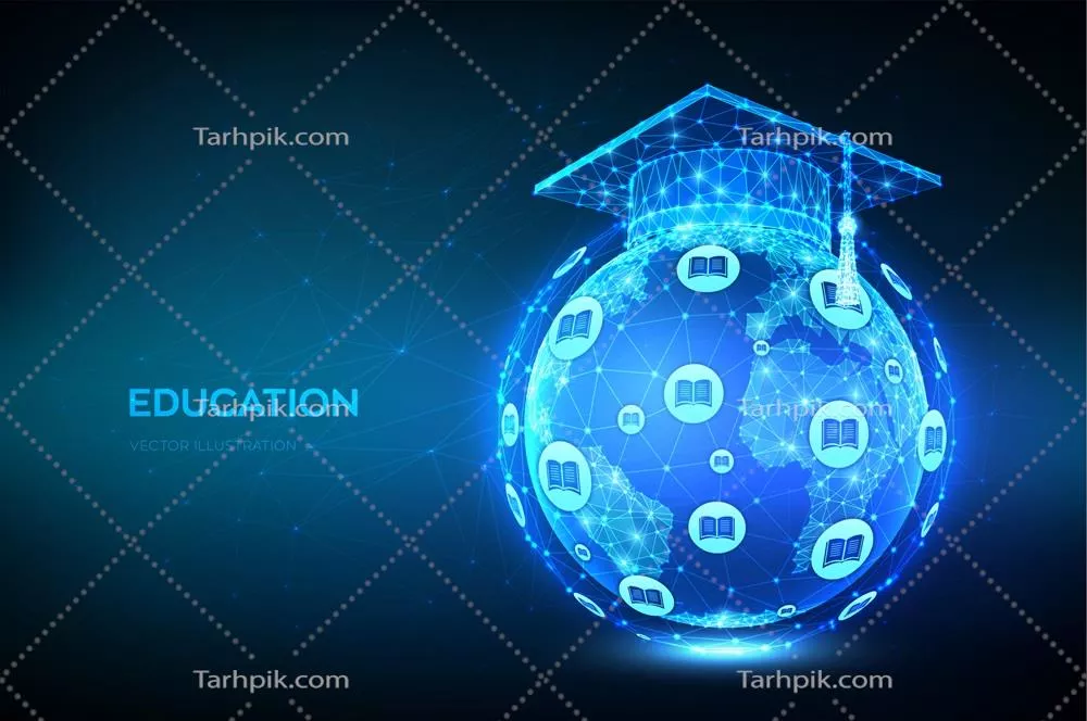 وکتور مدل انتزاعی کلاه فارغالتحصیلی چندوجهی با نقشه زمین و مفهوم یادگیری الکترونیکی