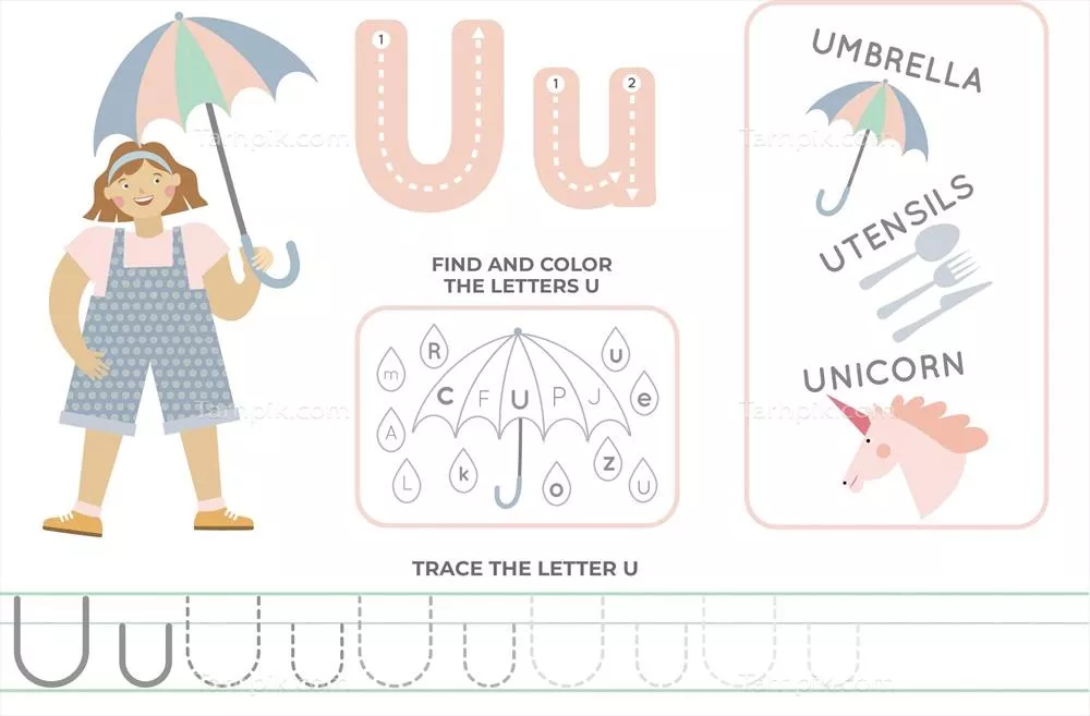 وکتور برگ کار حروف الفبا با حرف 'U' – تقویت مهارت های خواندن و نوشتن