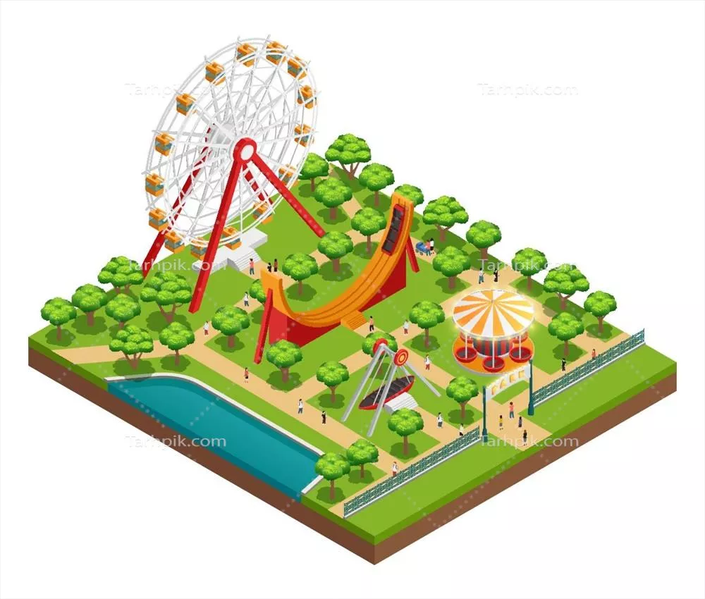 وکتور ترکیب ایزومتریک پارک تفریحات با چرخ و فلک و جاذبه‌های سرگرم‌کننده