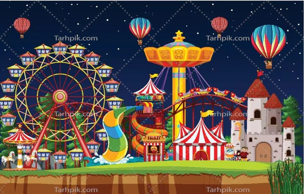 وکتور منظره پارک تفریحی در شب با بادکنک های رنگی در آسمان