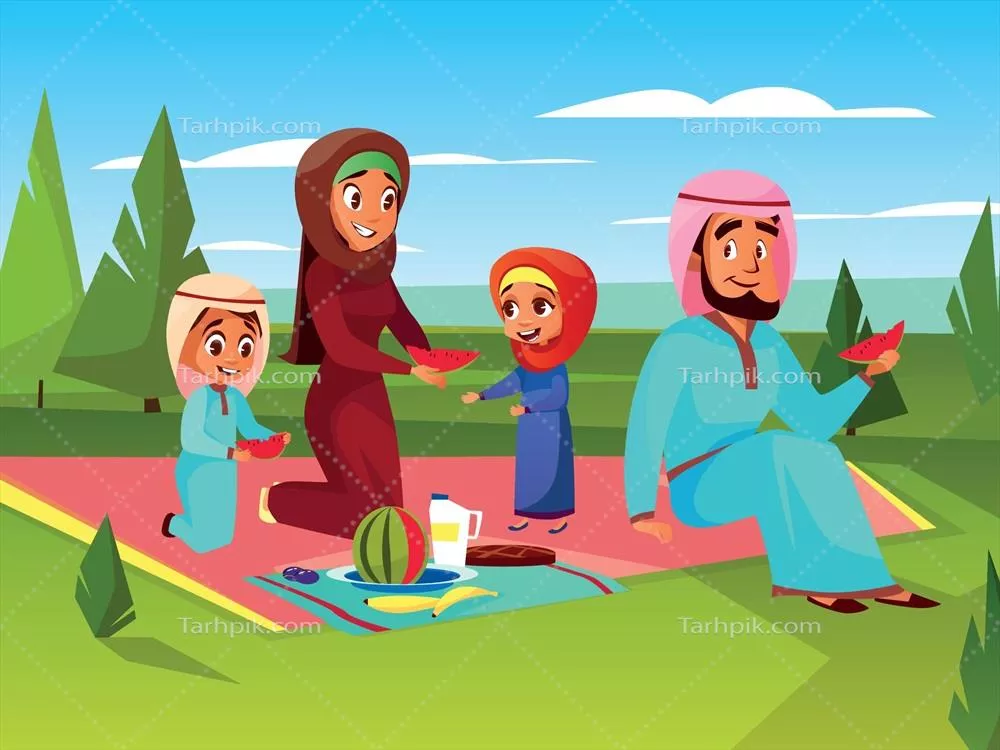 وکتور تصویر کارتونی از پیکنیک خانواده عربی در سعودی با پدر و مادر مسلمان خلیجی