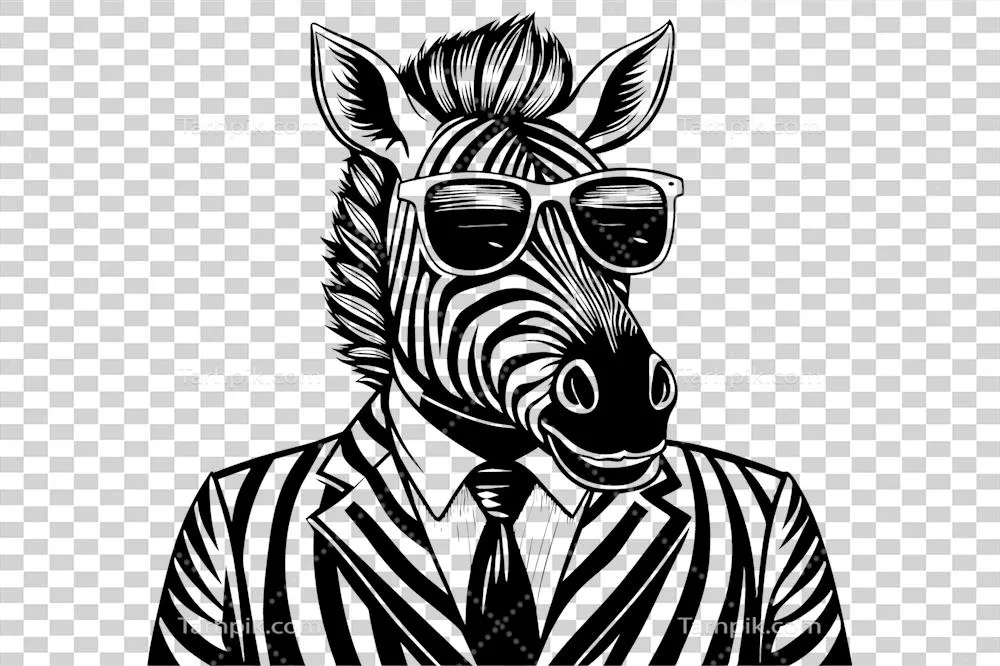 عکس دوربری زebرا با استایل شیک، با کت و شلوار خطی و عینک آفتابی به تصویر کشیده شده است