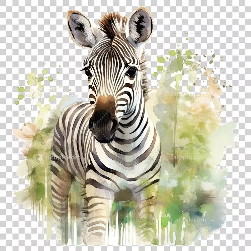 عکس دوربری زیرساخت برجسته با آبرنگ: زبرا کوچک در پس‌زمینه شفاف