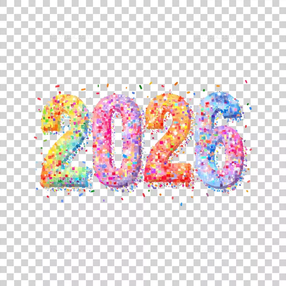 عکس دوربری عدد رنگی ۲۰۲۶ با کنفیتی که در پس زمینه شفاف برای جشنواره قرار دارد