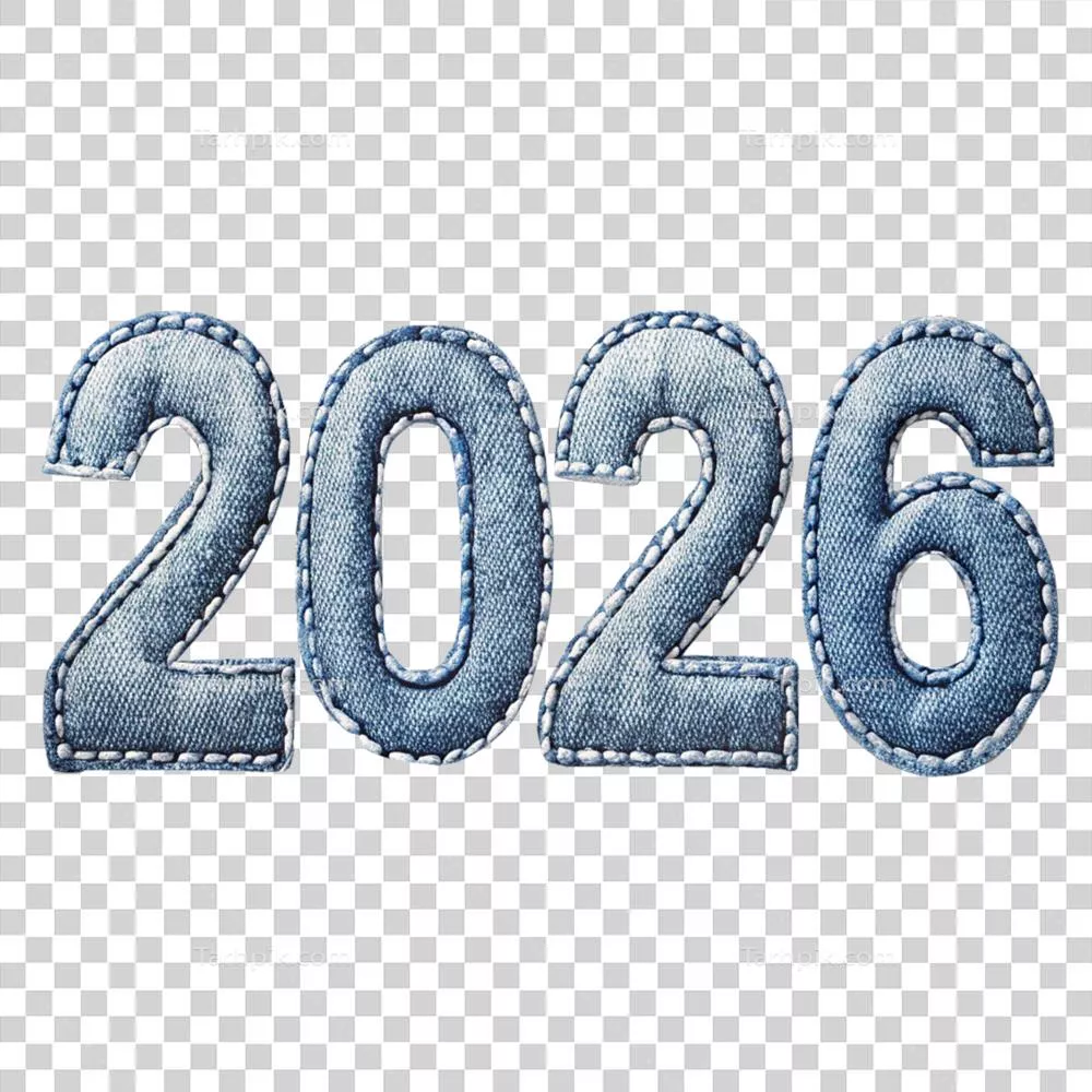 عکس دوربری عددهای بافت دنیم تشکیلدهندهٔ ۲۰۲۶ در فضایی شفاف و شناور