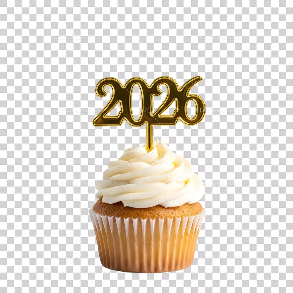 عکس دوربری کاپ کیک وانیلی با طراحی تعطیلات و متن 2026 و چرخش خامه ای