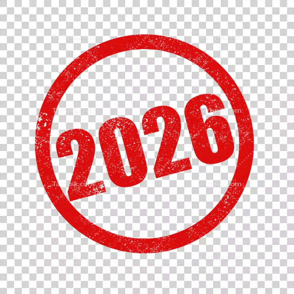 عکس دوربری تمبر دایرهای قرمز رنگ با طراحی جالب و سال 2026