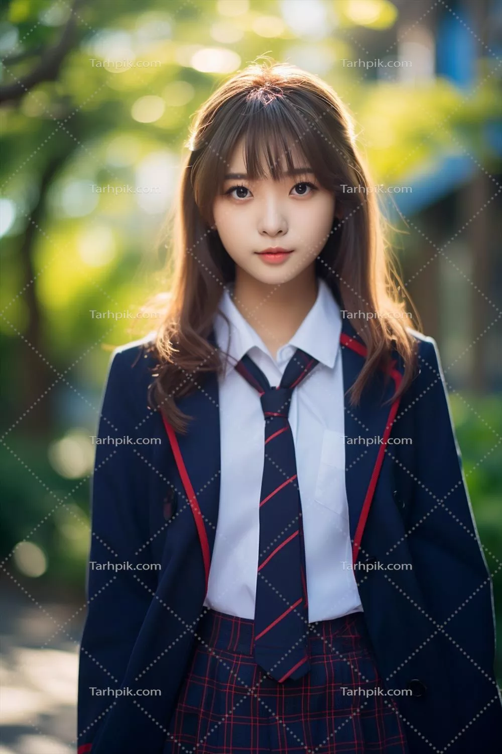 عکس دختری آسیایی زیبا در لباس مدرسه در فضای باز با استفاده از هوش مصنوعی