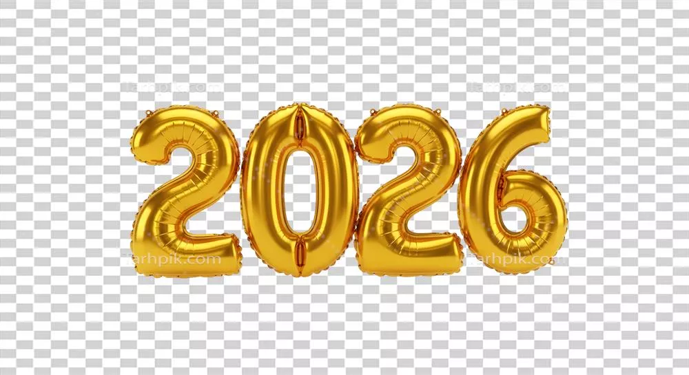 عکس دوربری بادکنک‌های عدد طلایی شکل‌دهنده سال 2026 بر روی زمینه شفاف