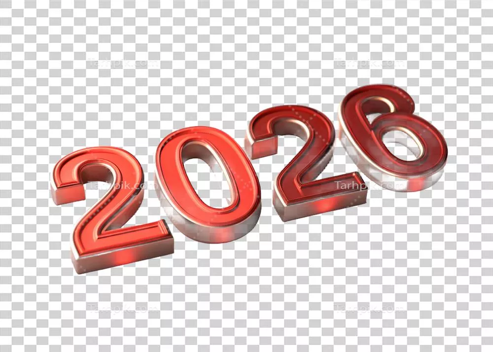 عکس دوربری اعداد سه بعدی فلزی قرمزBold برای نمایش سال 2026 با زمینه شفاف