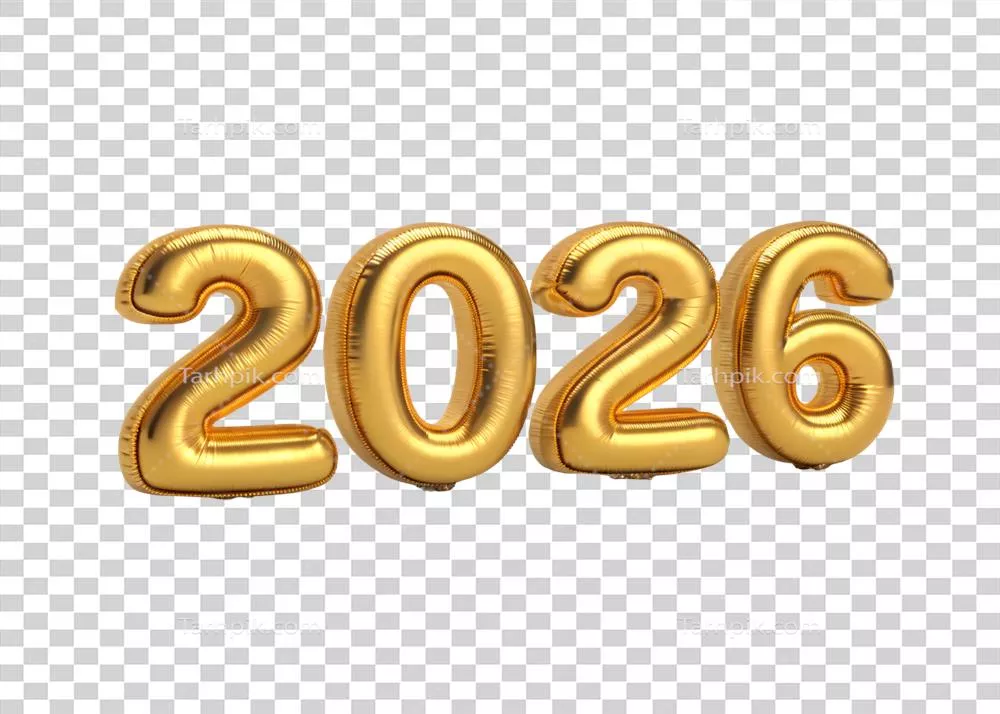عکس دوربری بالن‌های طلایی شکل‌دهنده سال ۲۰۲۶ با پس‌زمینه شفاف