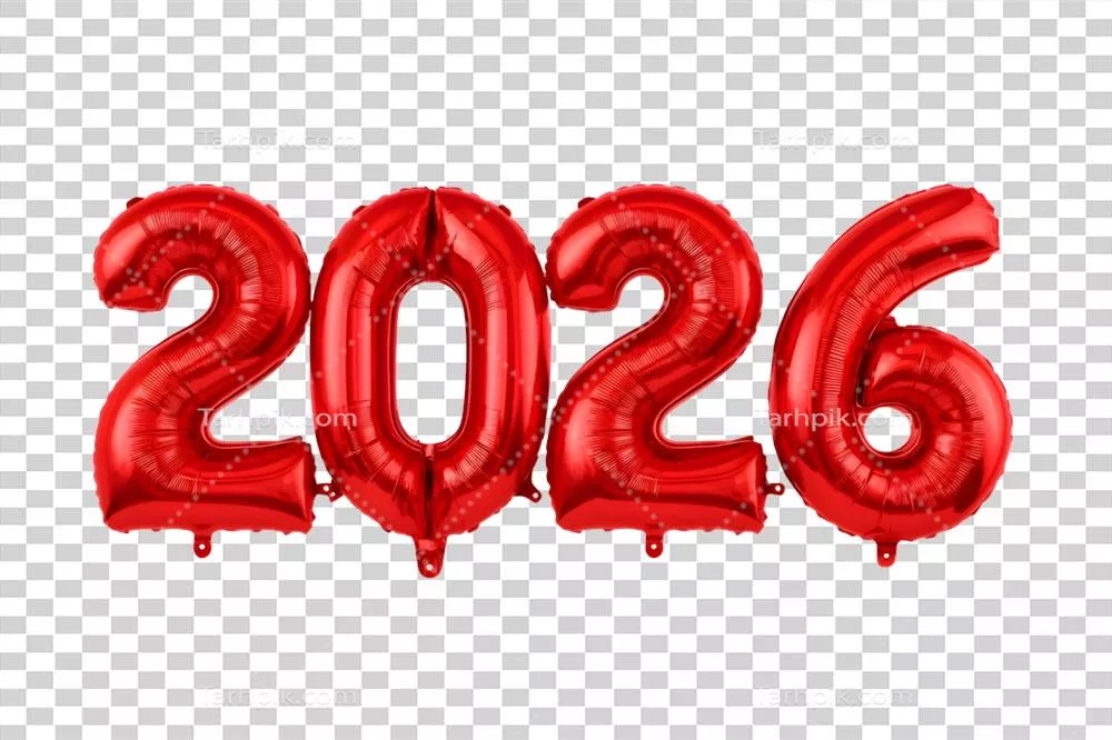 عکس دوربری عدد 2026 با بادکنک های قرمز بر روی پس زمینه شفاف