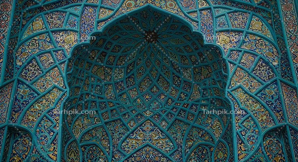 عکس دیوار کاشی کاری اسلامی با طراحی هندسی و رنگ فیروزه‌ای در جزئیات دقیق