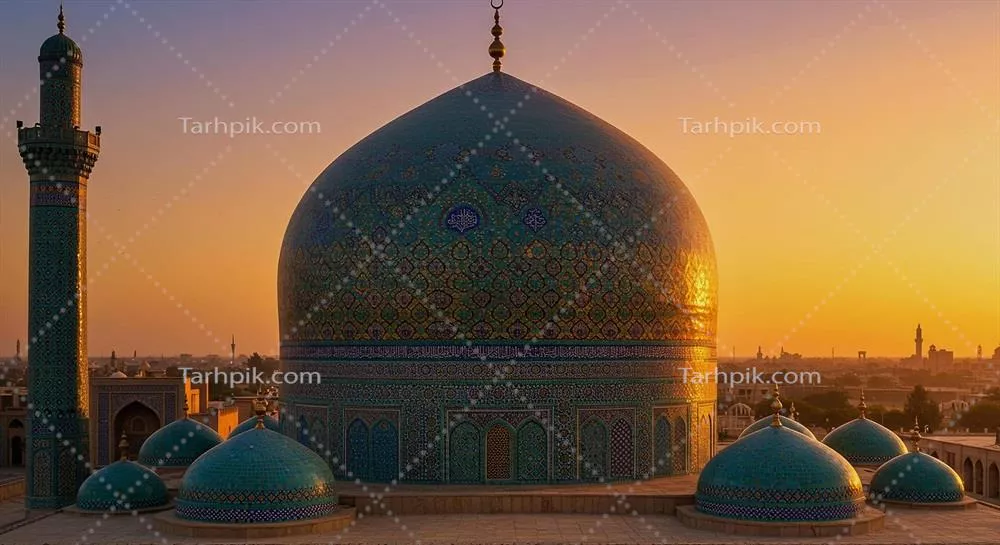 عکس گنبد و مناره مسجد بزرگ در غروب طلایی آفتاب