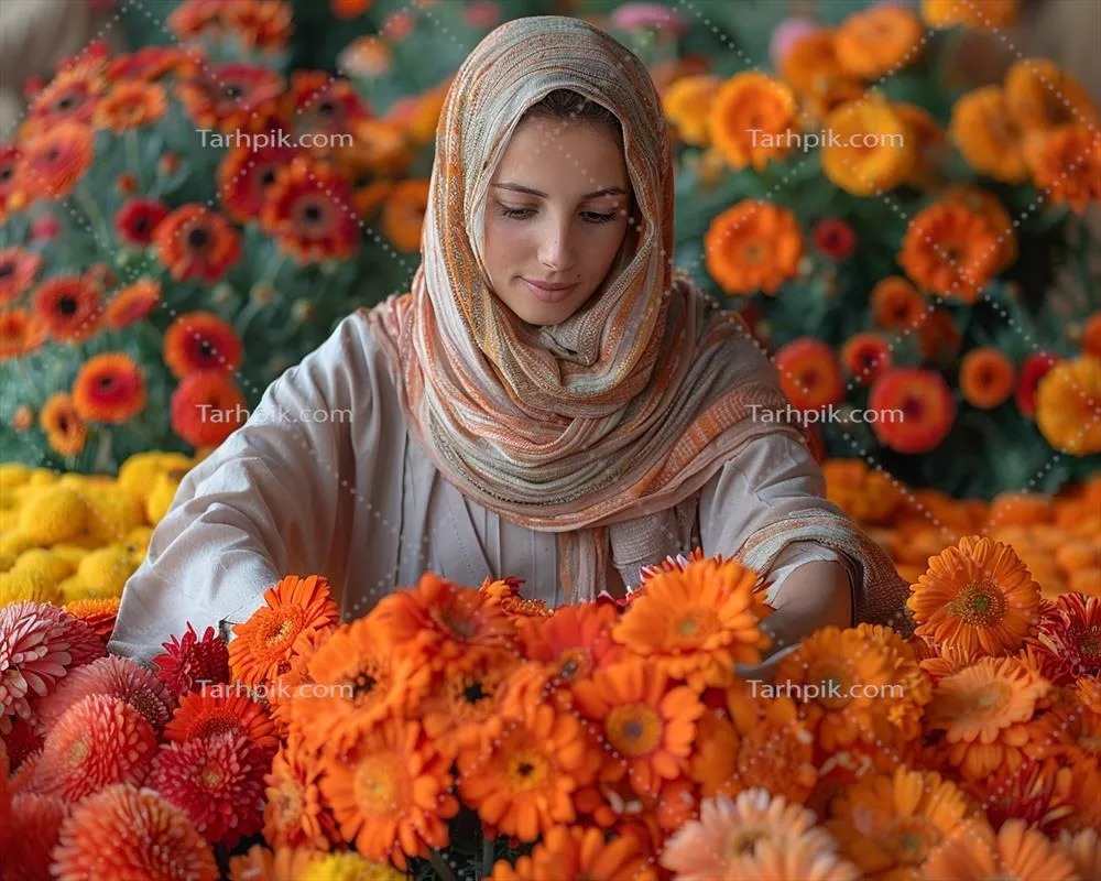 عکس زن در حال تزئین گل‌ها برای عید قربانی در نمای نزدیک