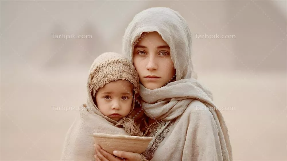 عکس لحظه‌ی لطیف بین مادر و کودک در لباس‌های سنتی، تجلی عشق و گرما