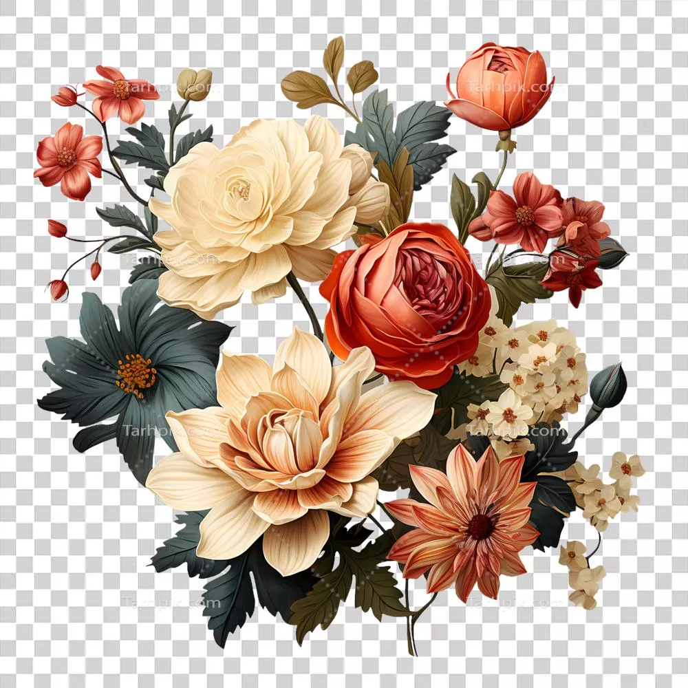 عکس دوربری دکوراسیون و طراحی با گل های قدیمی و هنری تولید شده با هوش مصنوعی