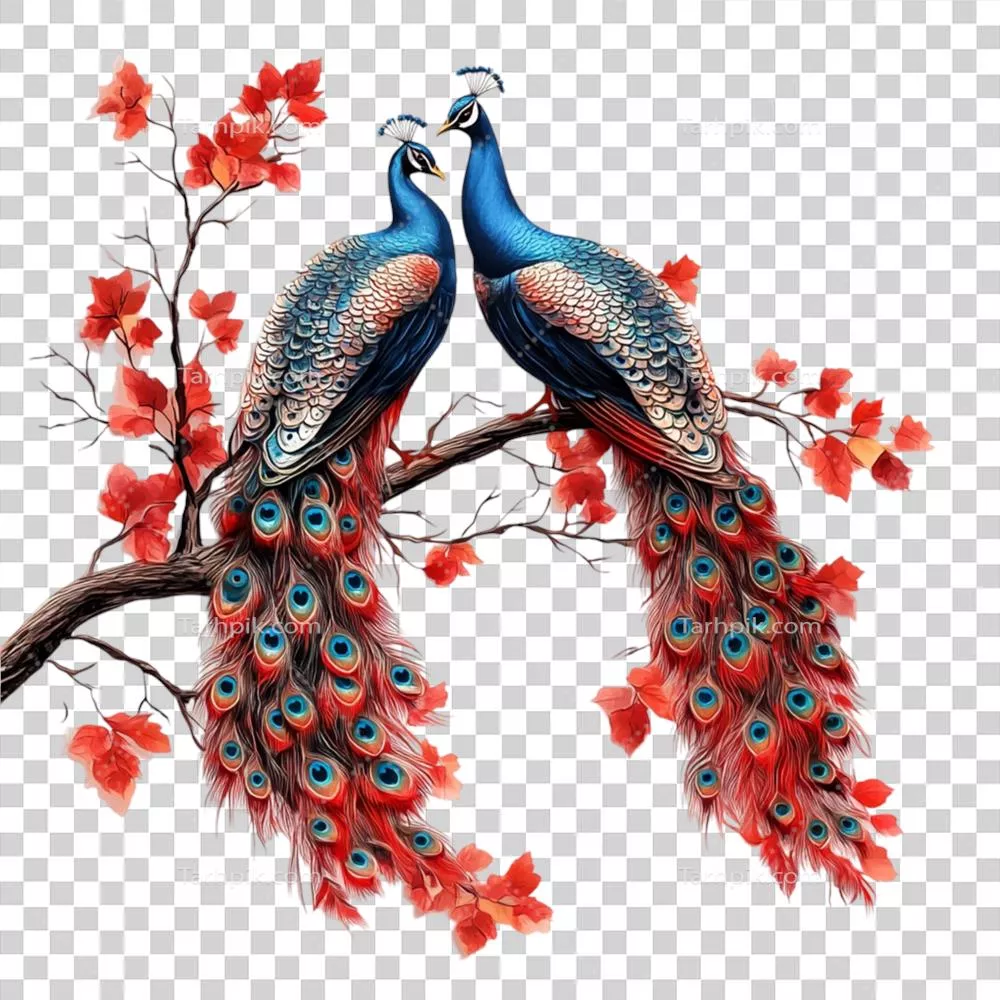 عکس دوربری پروانه های آبی عجیب و غریب بر روی شاخه ای با گل های قرمز زیبا