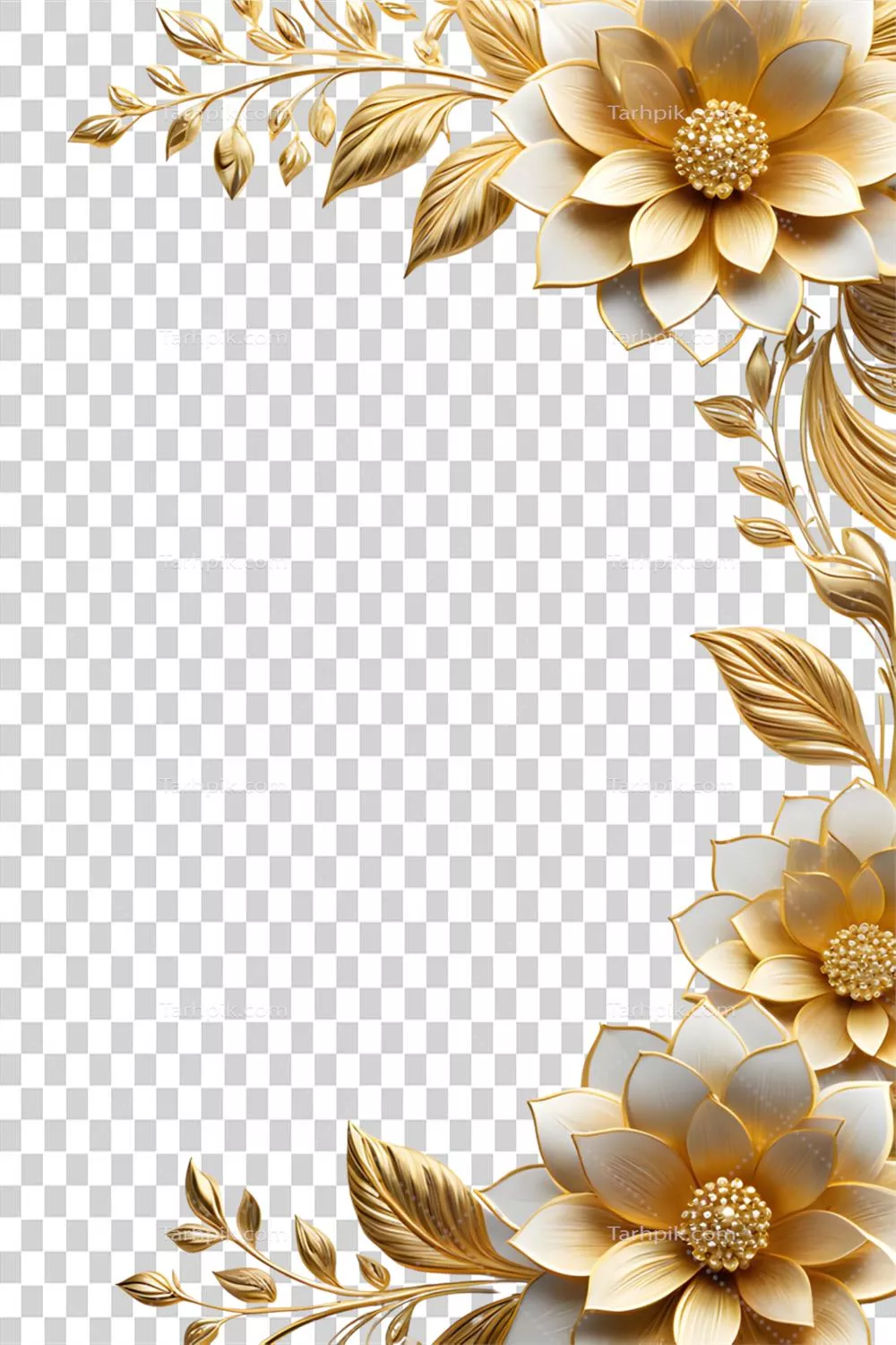 عکس دوربری فریم گل طلایی لوکس با طراحی هوش مصنوعی و پس‌زمینه شفاف