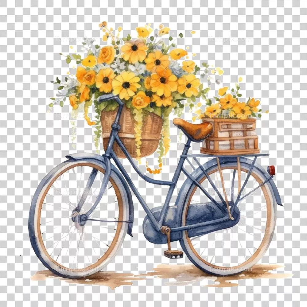 عکس دوربری تصویر زیبا و جذاب دوچرخه آبی با گل‌ها بصورت آبرنگی و تولید شده توسط هوش مصنوعی