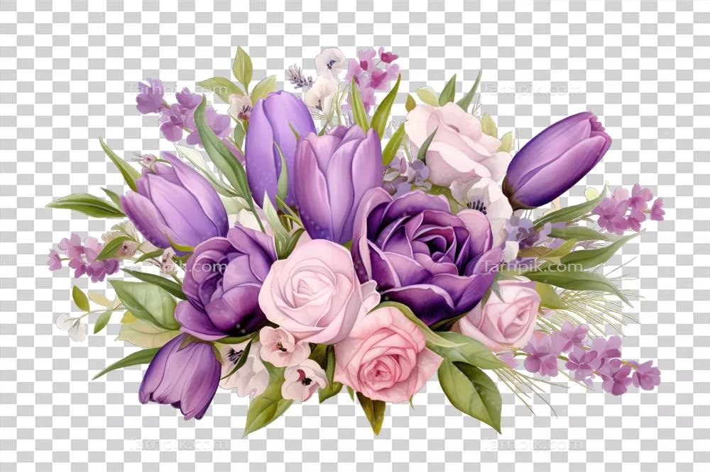 عکس دوربری بسته گل ظریف شامل گل‌های رز لیلاکی و لاله‌های بنفش پررنگ با گل‌های باغی - فایل برش خورده با پس‌زمینه شفاف