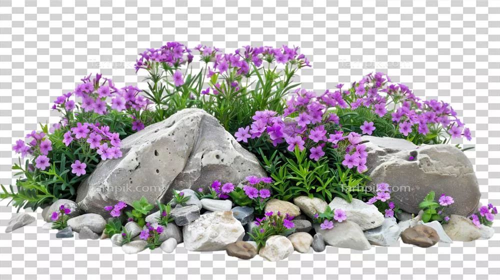 عکس دوربری باغ سنگی با گل‌های بنفش بر روی پس‌زمینه شفاف