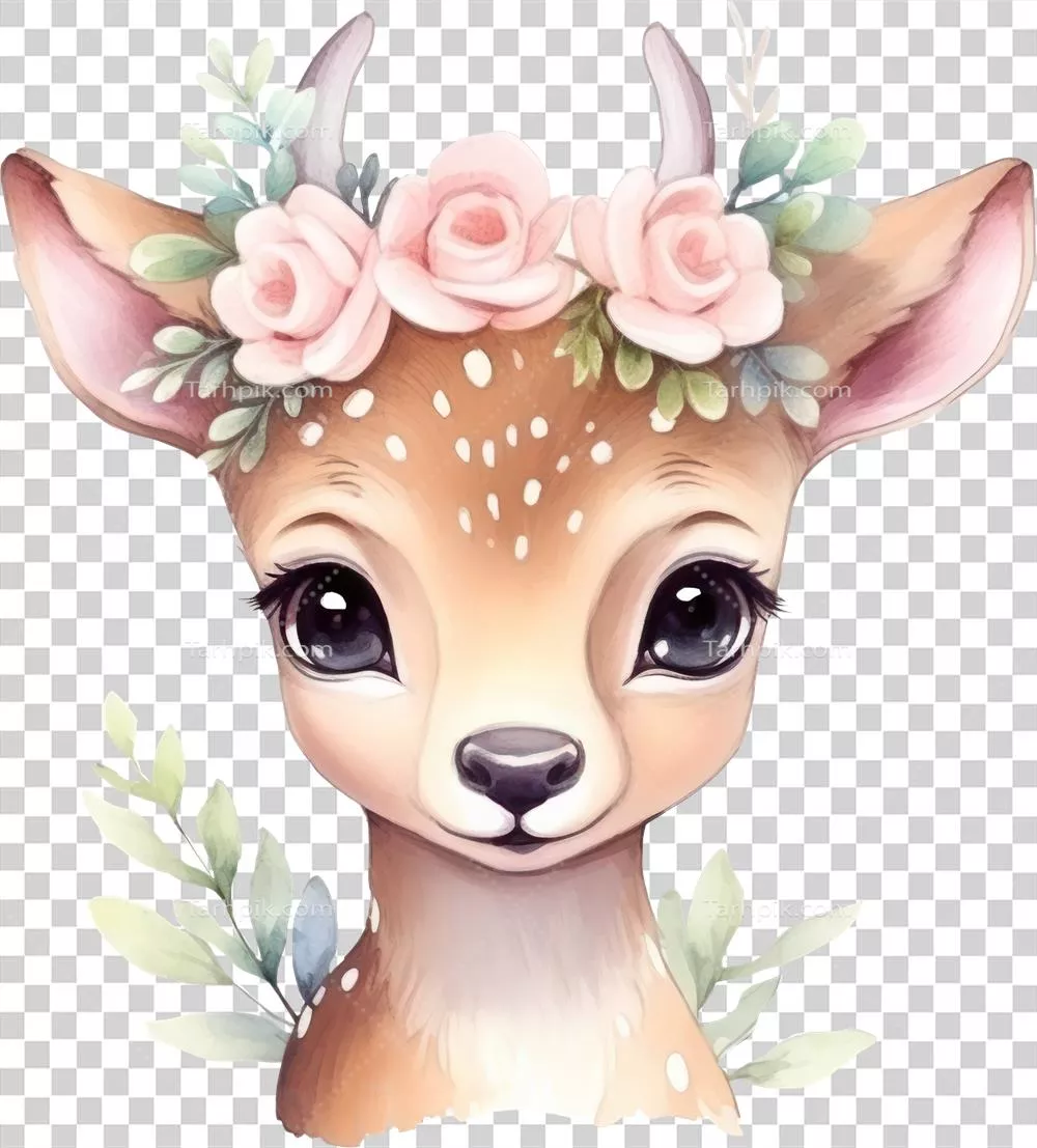 عکس دوربری تصویر آبرنگی از گوزن‌های زیبا و گل‌ها در طبیعت