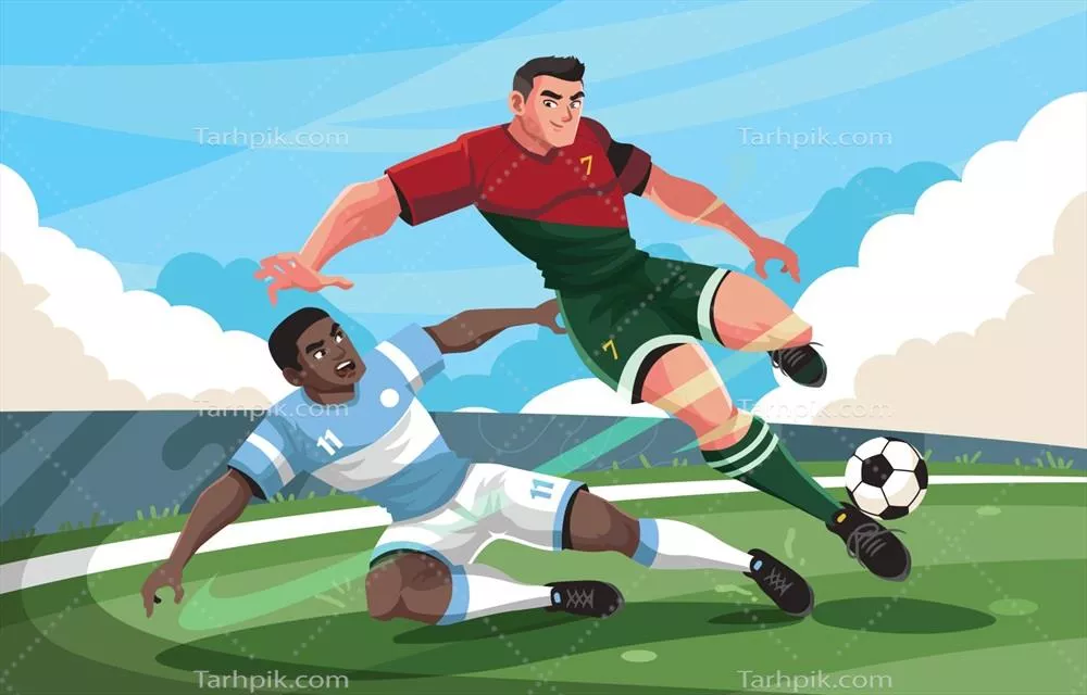 وکتور دو ورزشکار فوتبال در حال نبرد بر سر توپ فوتبال در زمین مسابقه