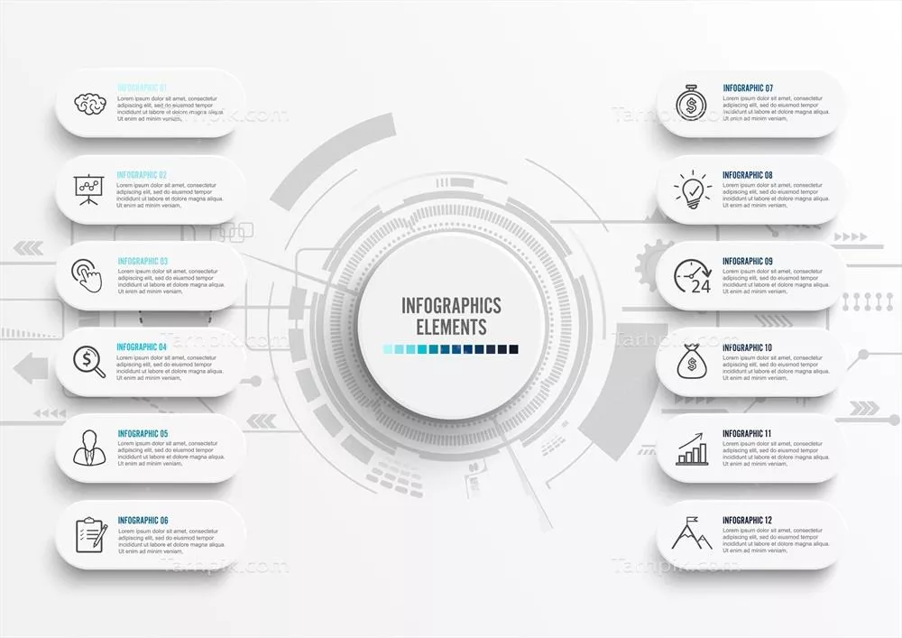 الگوی اینفوگرافیک وکتور با برچسب کاغذی سه بعدی و دایرههای یکپارچه