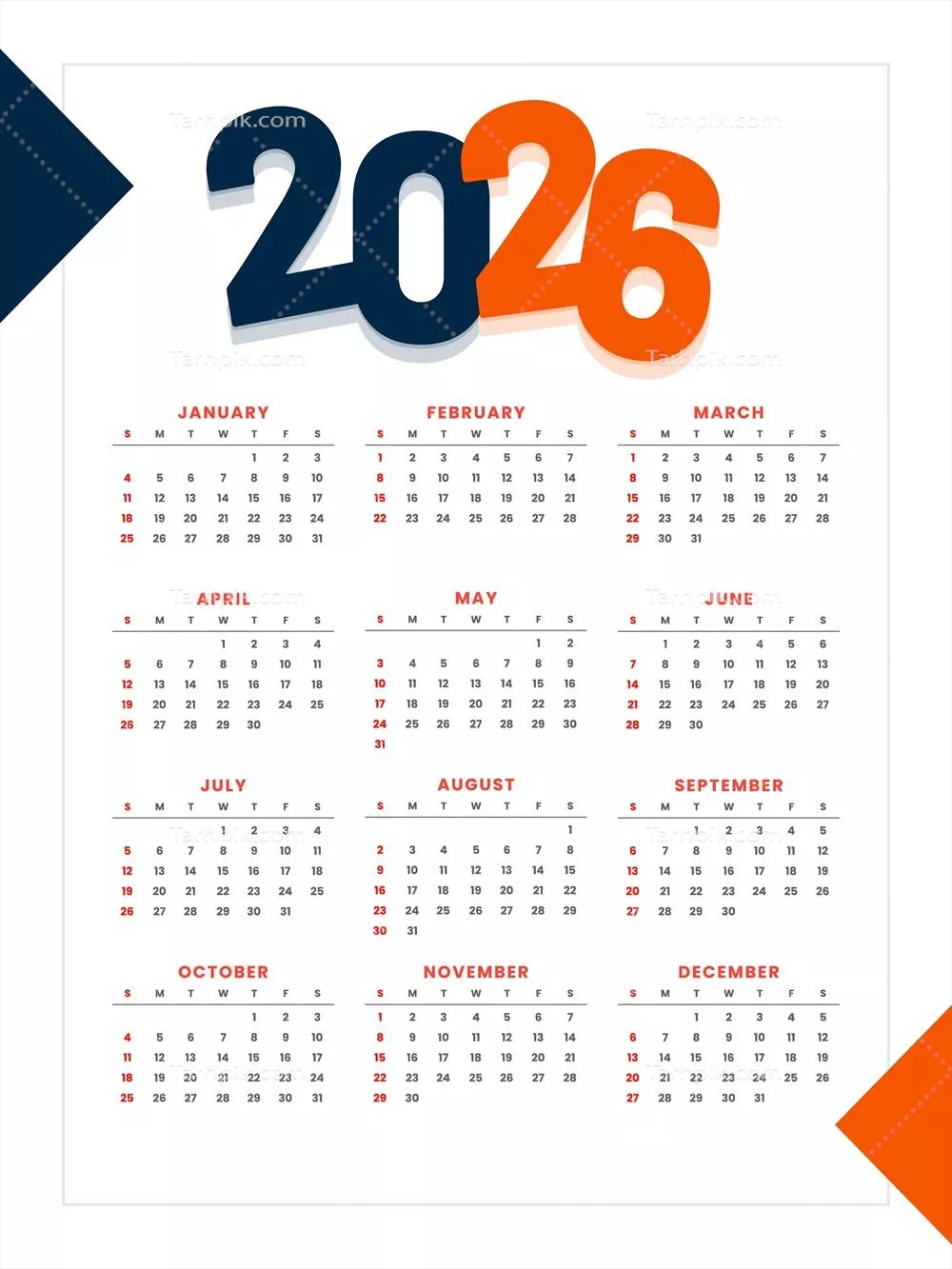 وکتور تقویم دیواری سال 2026 برای دفتر با طراحی خاص و جذاب