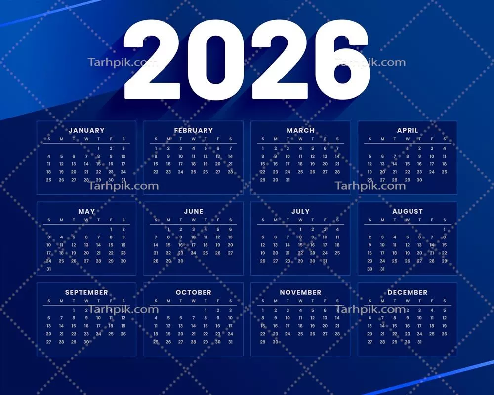 وکتور تقویم ماهانه سال 2026 با تم آبی برای جشن سال نو