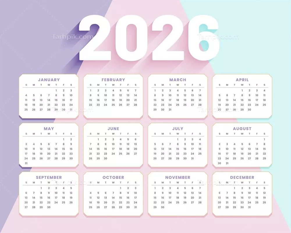 وکتور تقویم سال 2026: الگوی رنگ نرم و دلنشین برای برنامه‌ریزی و سازماندهی