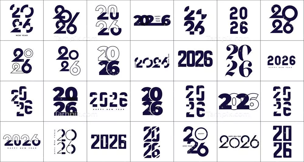 وکتور طراحی متن لوگو سال نو 2026 با طراحی عدد و نمادهای شاد