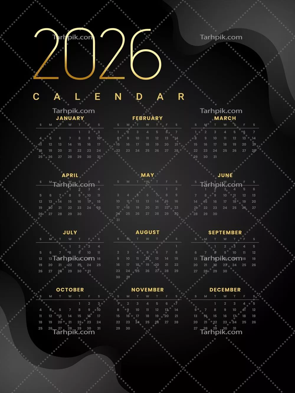 وکتور تقویم دیواری ماهانه پریمیوم ۲۰۲۶ با طراحی تاریک و شیک