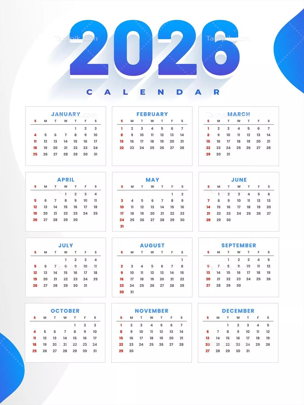 وکتور تقویم سال 2026 با طراحی ساده و رنگبندی سفید و آبی