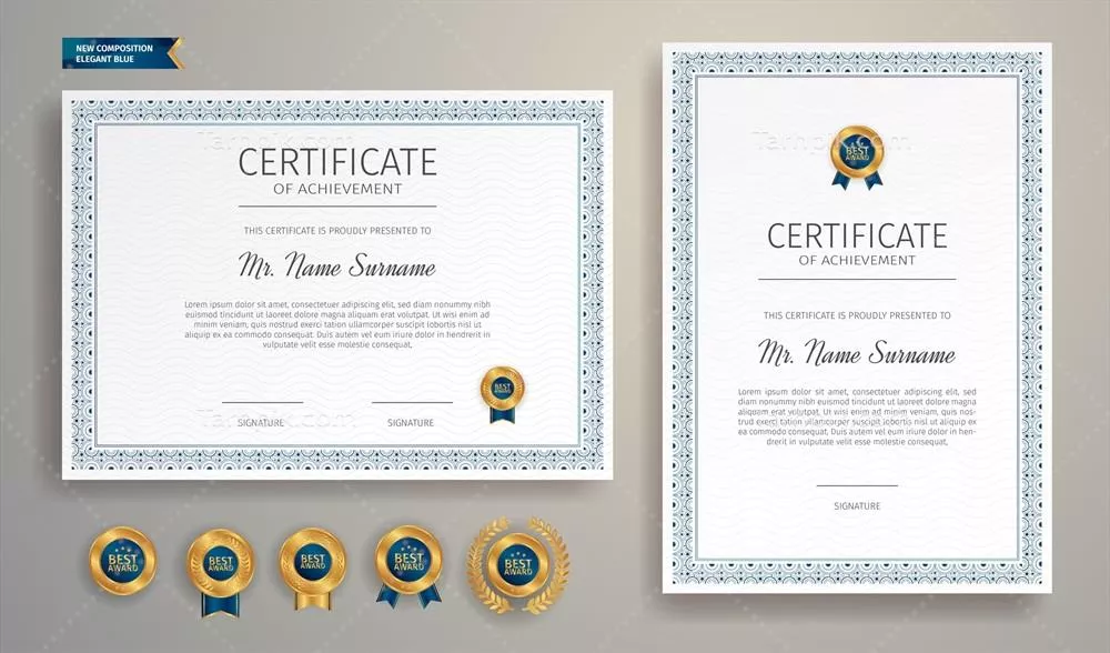 وکتور حاشیه تقدیر با رنگ آبی و طلایی برای گواهینامه‌ها و جوایز