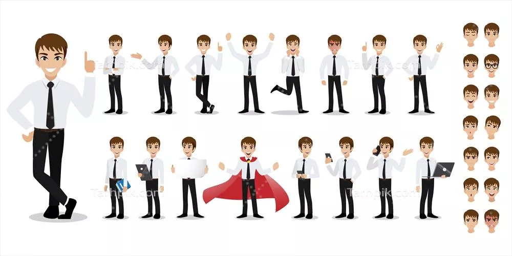 وکتور مجموعه کارتون شخصیت‌های تجاری: مرد زیبا در سبک اداری و هوشمند