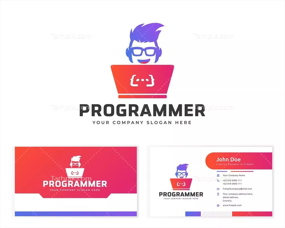 وکتور طراحی لوگوی برنامه‌نویس با کارت ویزیت اداری و لوازم‌التحریر