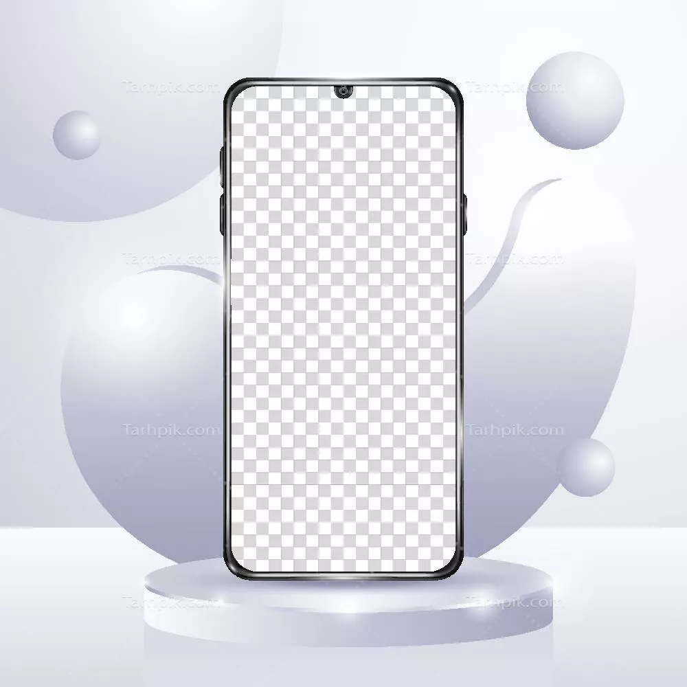 وکتور مکاپ 3D گوشی موبایل مشکی با پس زمینه پایه ای شیک و جذاب