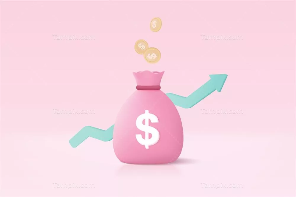 وکتور کیف پول سه بعدی و انبوه سکه ها برای صرفه جویی در پس زمینه