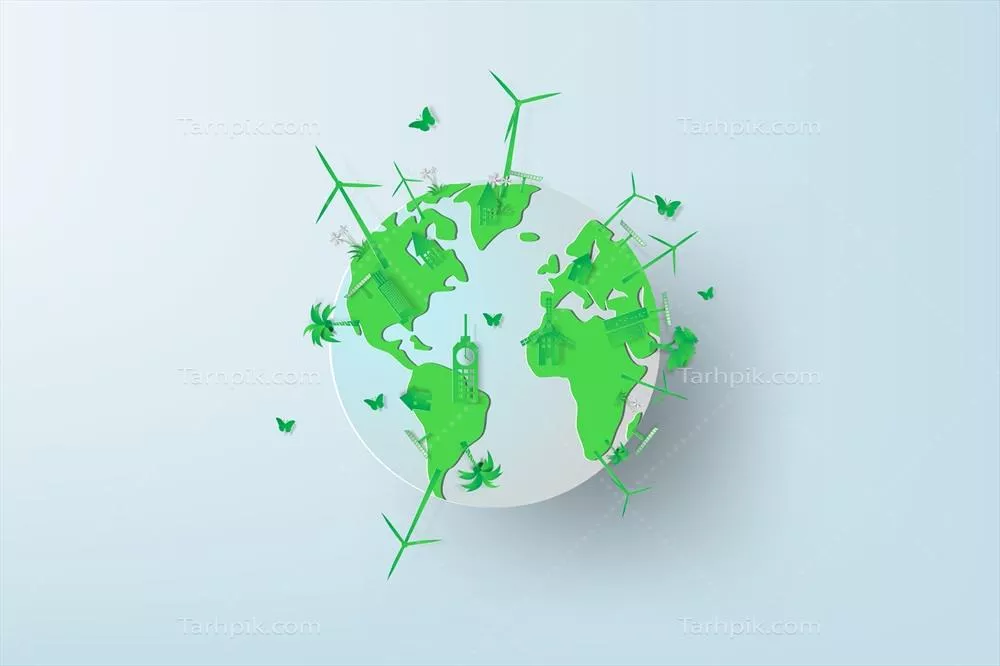 وکتور طراحی هنری سه بعدی کاغذی زمین با توربینهای بادی به عنوان مفهومی برای انرژی جایگزین در روز زمین